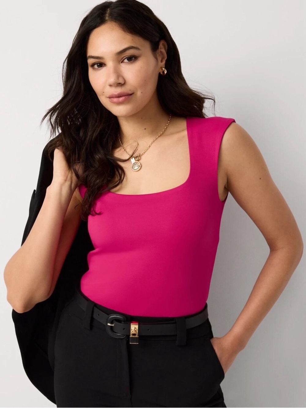 White House Black Market FORME All Ways Stretch Square Neck Top Hot Pink Large